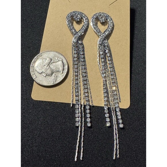 Rhinbestone Costume Earrings Long Dangle Silver Tone - Picture 3 of 4